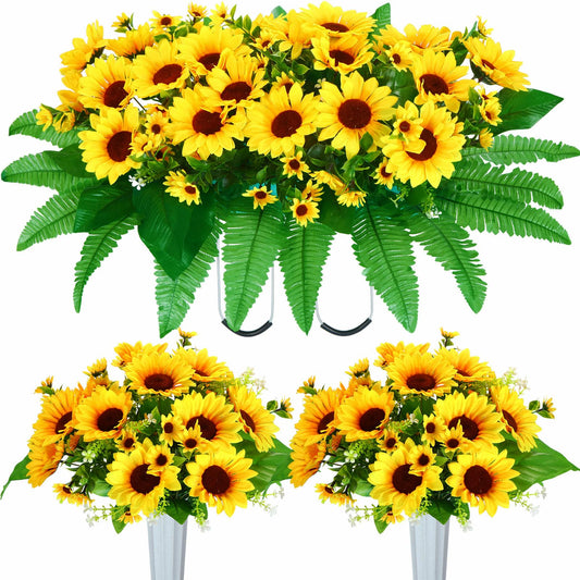 Tigeen 3 Pieces Cemetery Sunflowers Cemetery Flowers for Grave Funeral Headstone Saddle Flowers Artificial Yellow Sunflower Bouquets with Vase Memorial Flowers Florals Outdoor Gravesite Decoration