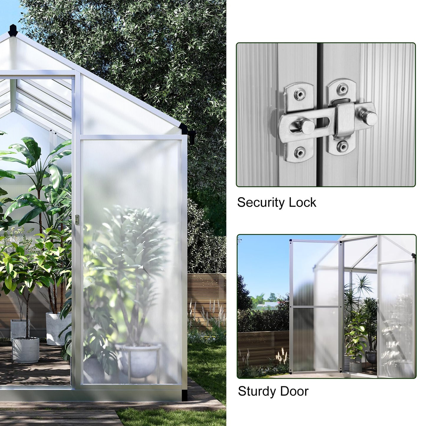 6x10 FT Greenhouse for Outdoors, Polycarbonate Greenhouse with Quick Setup Structure and Roof Vent, Aluminum Large Walk-in Greenhouse for Outside Garden Backyard, Silver