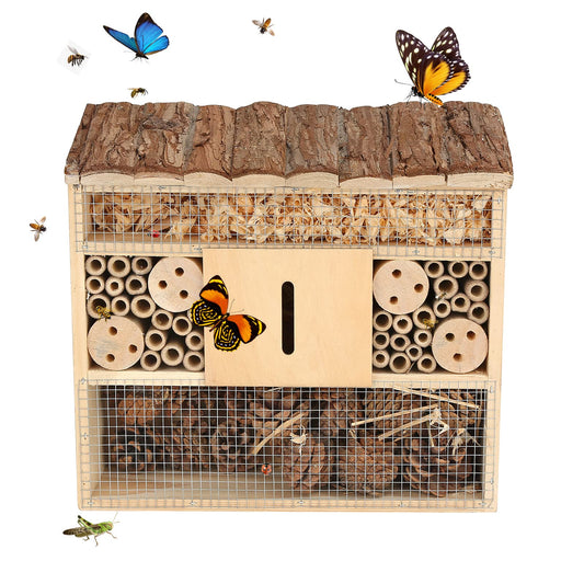 Wooden Bee House Mason Outdoor Garden Insect Hotel for Bees Butterfly Ladybugs Habitat Home Made Handmade Natural Wood Attract More Pollinators Live 11.4 x 10.6 x 3.9 Inch