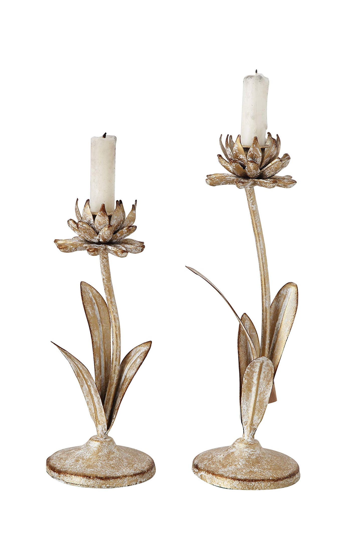 Creative Co-Op Cut Metal Flower Shaped Taper Candle Holder in Distressed Gold Finish (Set of 2 Sizes)