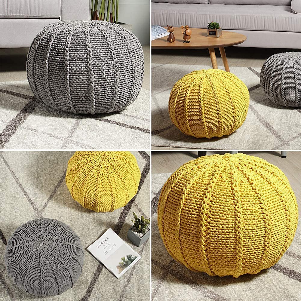 HAPPLiGNLY Footstool Hand Knitted Round Pouf,Cable Style Cotton Braided Rope Floor Comfortable Seat Footstool-C 48X48X35Cm(19X19X14Inch)