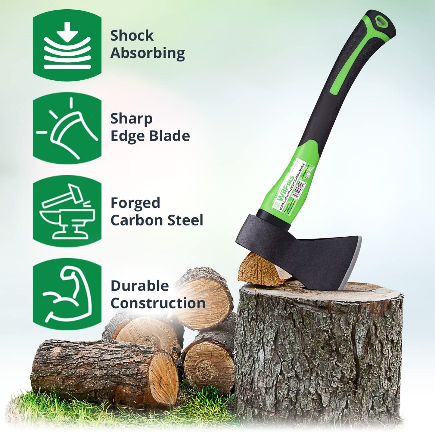 WilFiks Chopping Axe, 15” Camping Outdoor Hatchet for Wood Splitting and Kindling, Forged Carbon Steel Heat Treated Hand Maul Tool, Fiberglass Shock Reduction Handle with Anti-Slip Grip