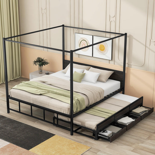 Mirightone Canopy Bed with Trundle and Storage Drawers Queen Bed Frame Metal Platform Bed with Twin Trundle Bed and 3 Drawers, No Box Spring Needed, Black