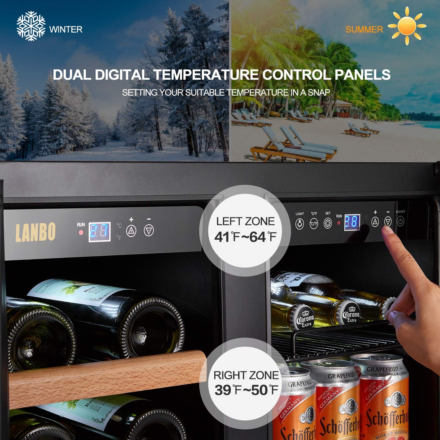 Lanbo Wine and Beverage Refrigerator, Dual Zone Built-in Wine and Drink Center, 18 Bottle and 55 Can