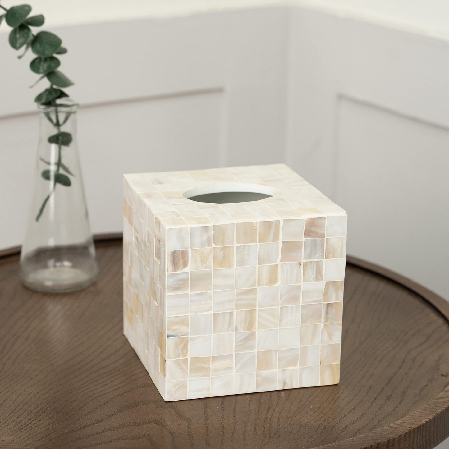 CLAYNIX Tissue Box Cover - Mosaic Mother of Pearl Inlay Tissue Box Holder - Tissue Box Cover Square 5.9 x 5.9 x 5.9 in - Decorative Bathroom, Bedroom or Office (White)