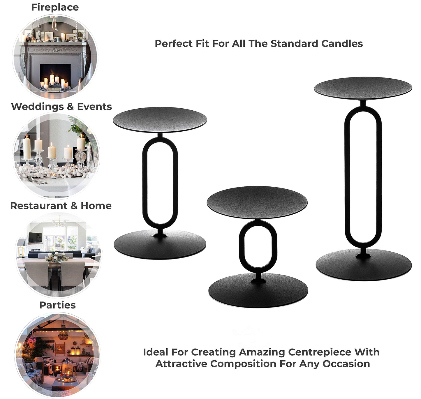 Candle Holders Black Metal Base Candleholders for Desk Top Decoration Table or Mantel Centerpiece in Dining & Living Room, Candelabra for flameless LED, Sphere & Pillar Candles (Set of 3)