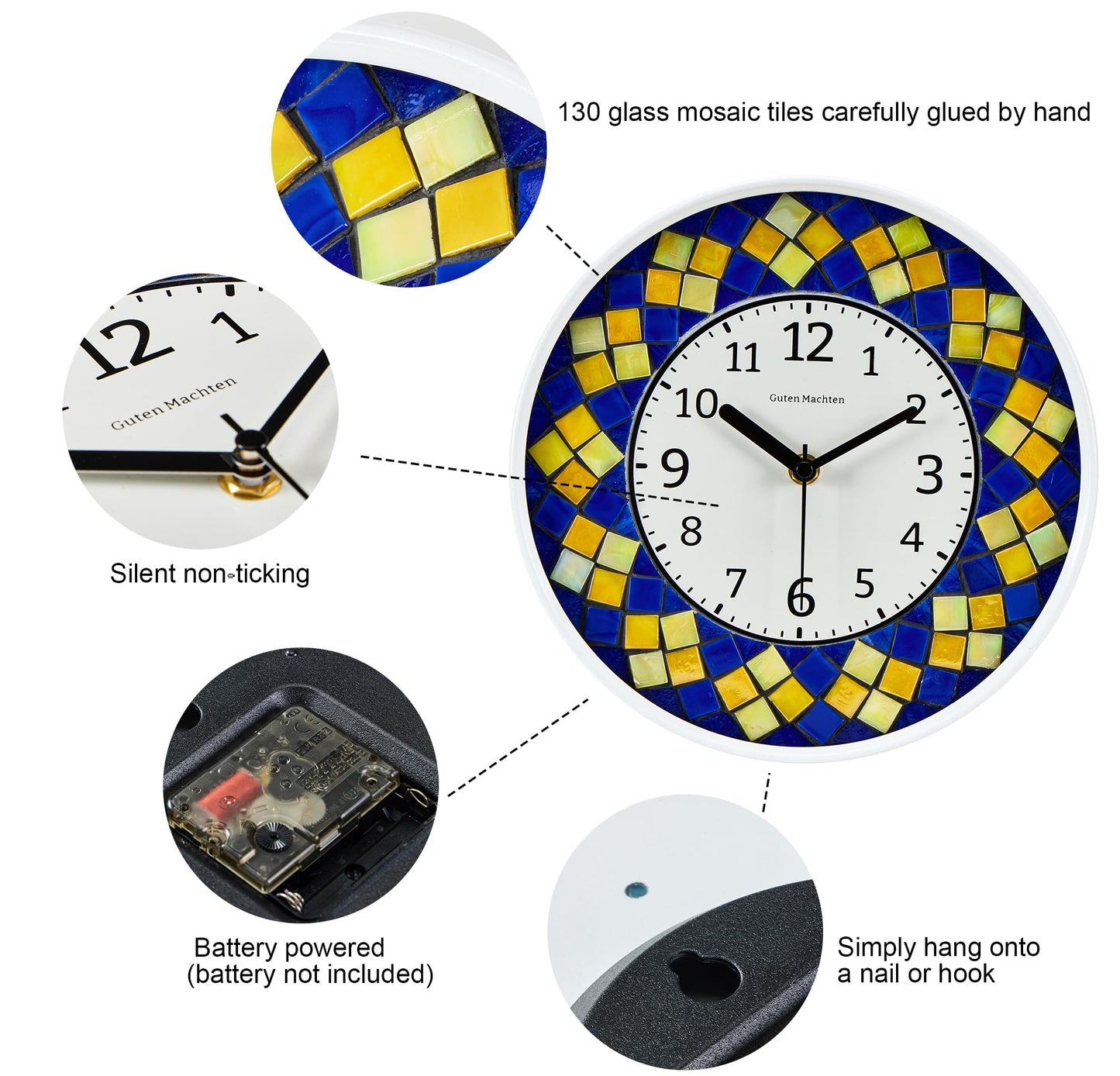 Guten Machten 10'' Mosaic Small Wall Clock Glass Silent Non-Ticking Analog Living Room Decor Office Unique Pattern Square Yellow Blue CLK002