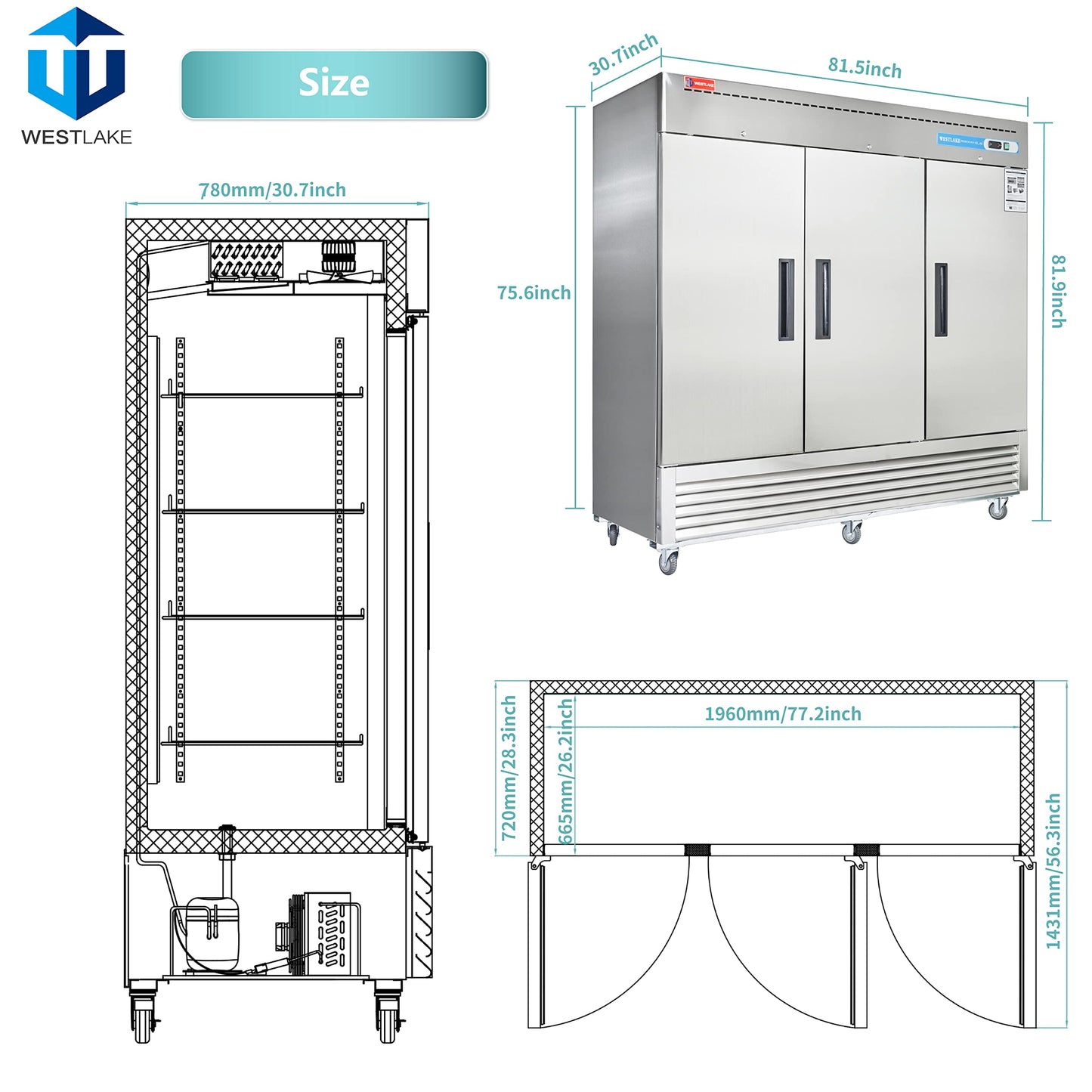 WESTLAKE Commercial Freezer 82"W 3 Door 3 Section Stainless Steel Reach-in Solid Door Upright Fan Cooling 72 Cu.ft Freezer for Restaurant, Bar, Shop, etc