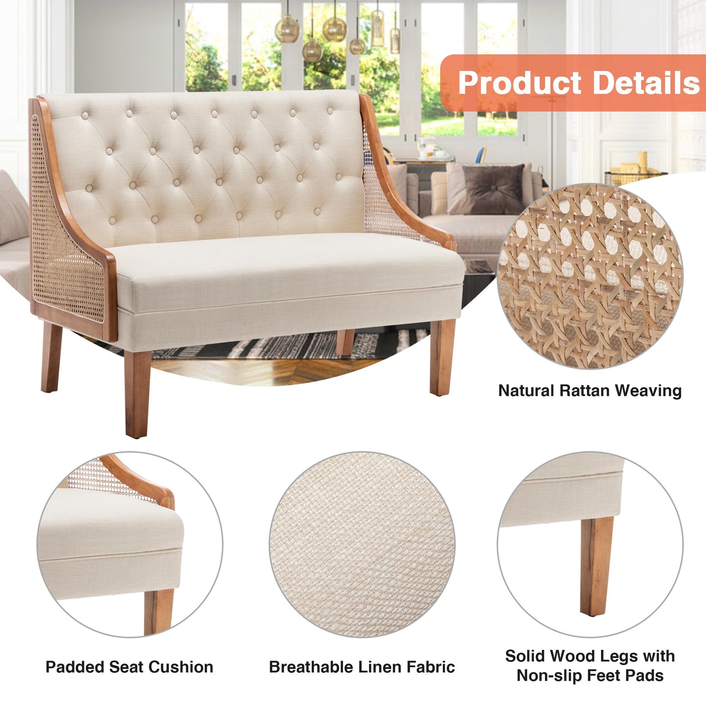 Yongqiang Modern Settee with Back Small Loveseat Sofa Rattan Upholstered Dining Banquette Seating for Kitchen Dining Room Living Room Linen Button Tufted Mini Couch