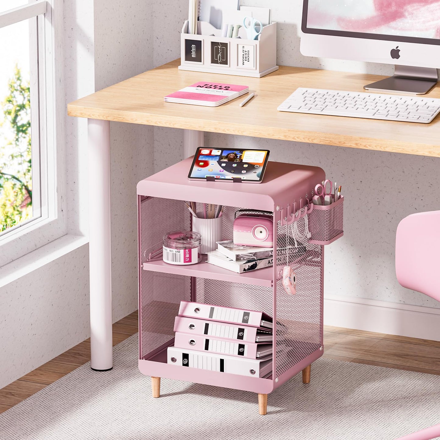 SYKIARIOL Cute Bedside Nightstand Table, Girls Metal Side Table, Kid End Table with Storage for Living Room Bedroom Kid's Room Dorm Office (Classic Pink)