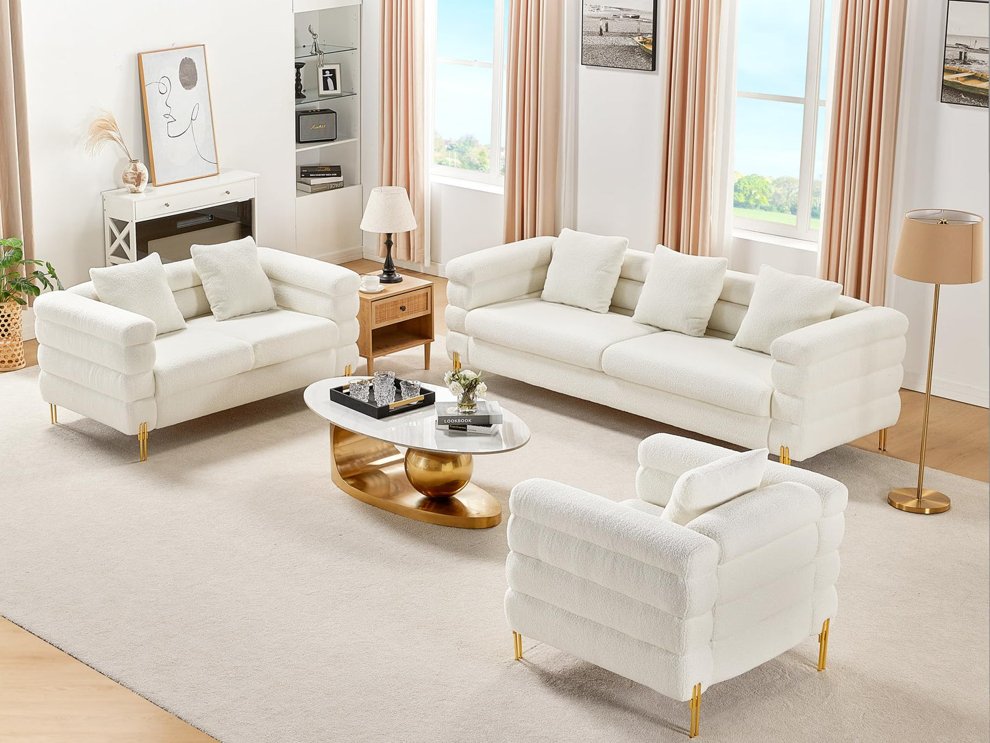AMERLIFE Sofa, 2 Piece Sofa Set, Loveseat Set- Oversize Sofa Couch, Comfy Sofa for Living Room- Bouclé Deep Seat Sofa, White Sofa