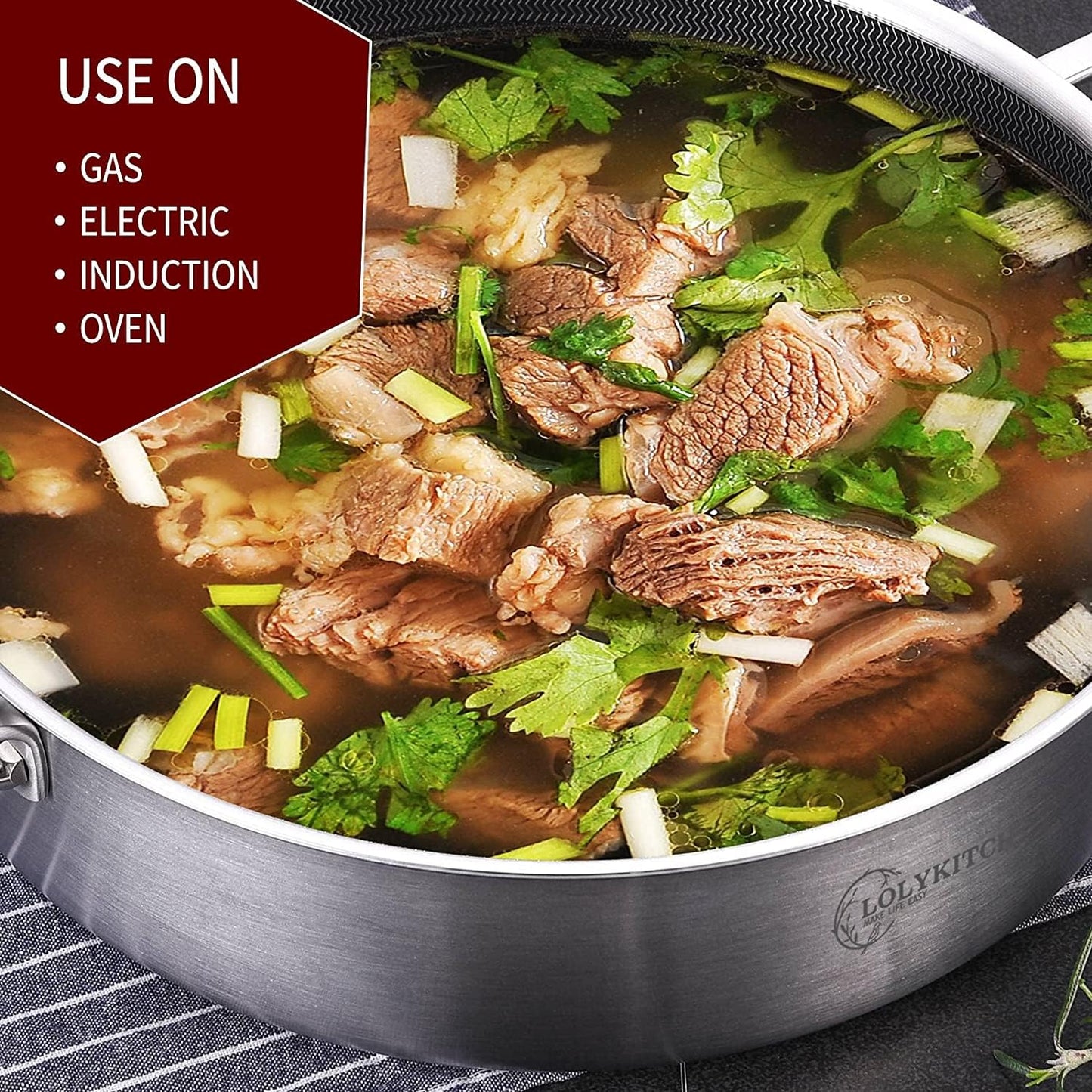 LOLYKITCH 6 Quarts Hybrid Tri-Ply Stainless Steel Non-stick Deep Frying Pan,Sauté Pan with lid,Induction Large Pan, Jumbo Cooker,Heavy Duty & Oven Safe.