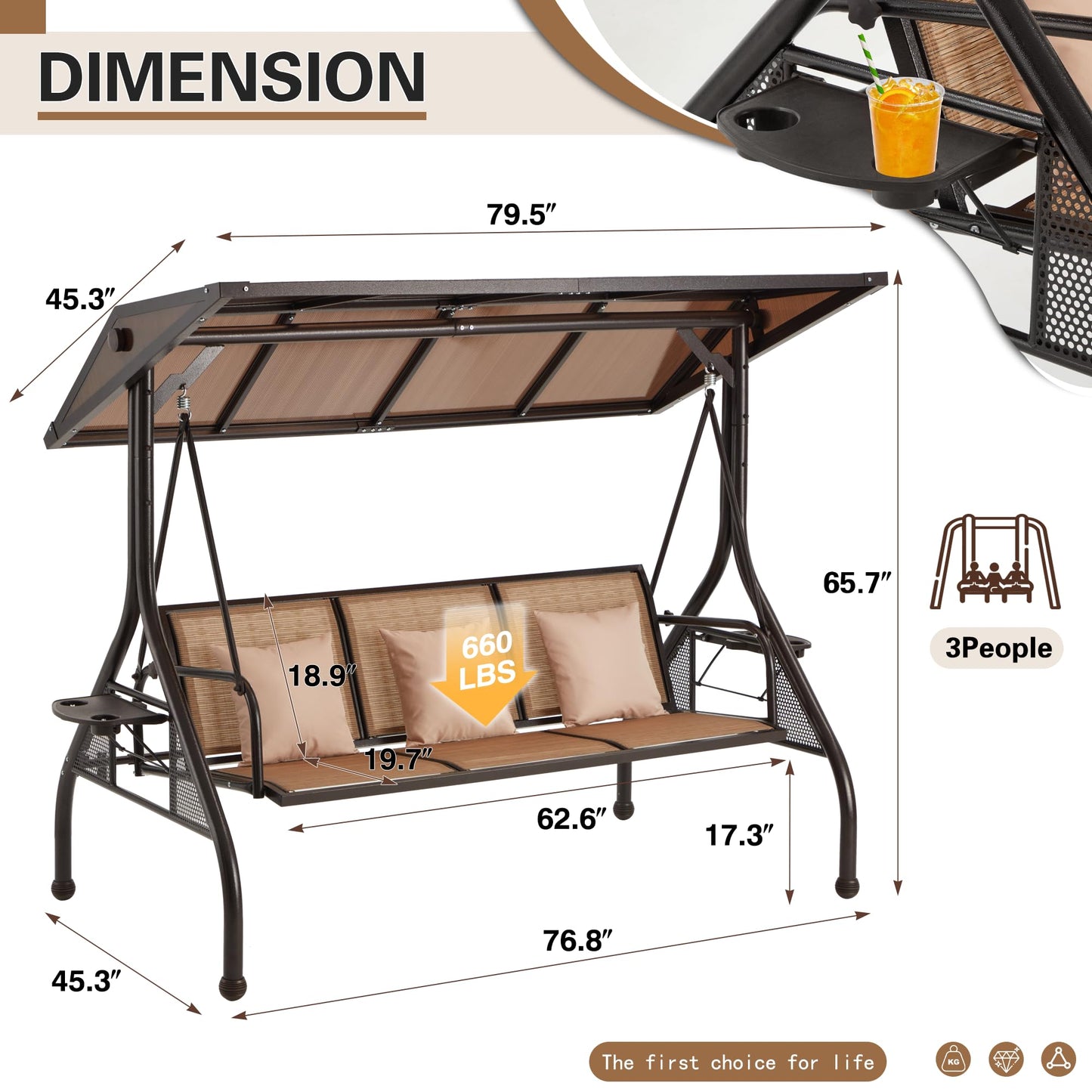 HOMREST Outdoor Porch Swing with Adjustable Hardtop, Backrest, 3-Person Patio Canopy Swing Textilene Bed with Side Cup Holder, Pillow for Garden, Deck, Back Yard, Lawn (Brown)