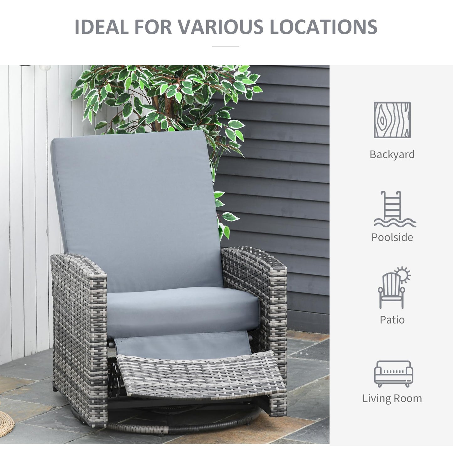 Outsunny Outdoor Wicker Swivel Recliner Chair, Reclining Backrest, Lifting Footrest, 360° Rotating Basic, Water Resistant Cushions for Patio, Grey