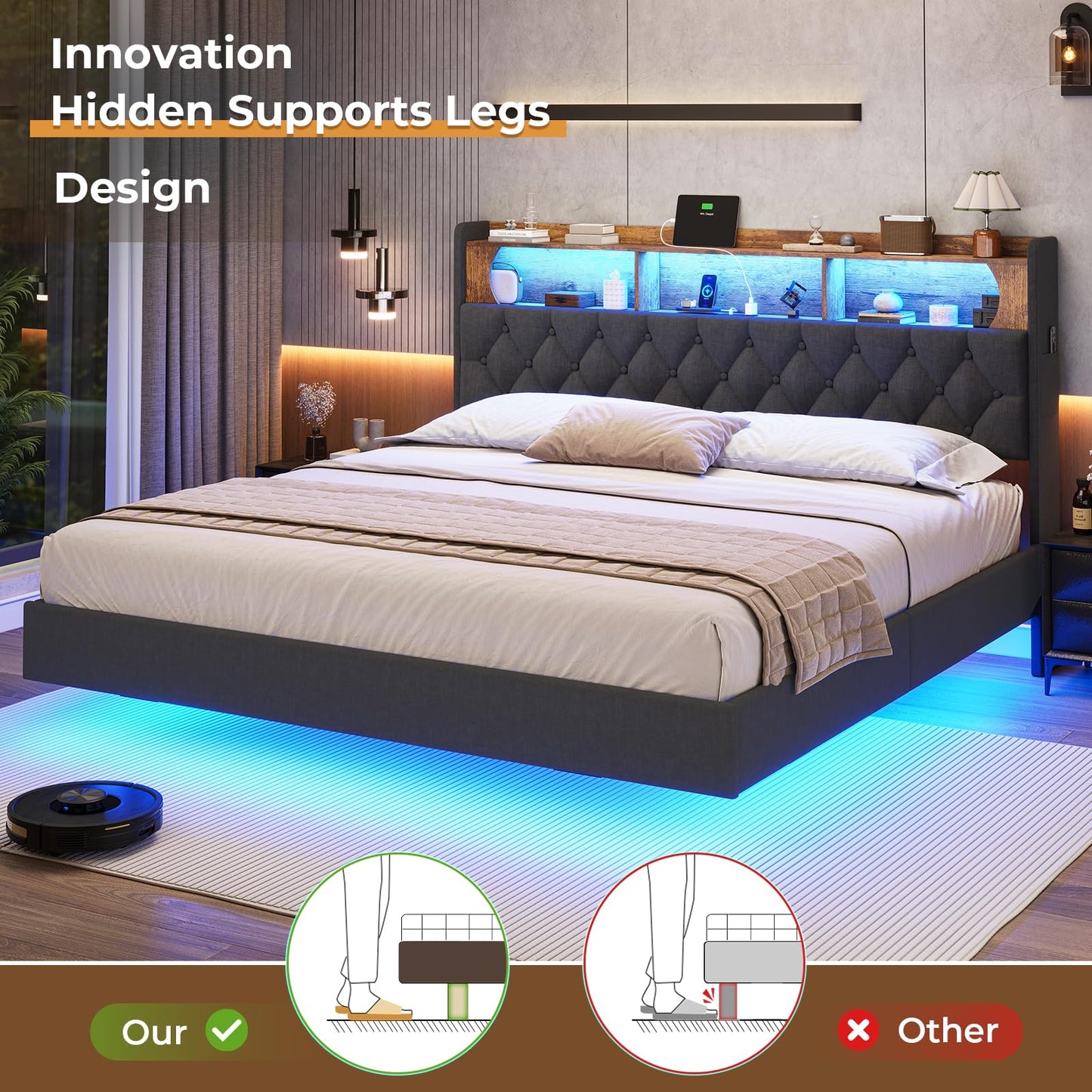 ADORNEVE King Size Floating Bed Frame with RGB LED Lights Headboard, Outlets and USB Ports, Linen Upholstered Platform Bed with Storage Headboard,Solid Wood Slats Support, Dark Gray