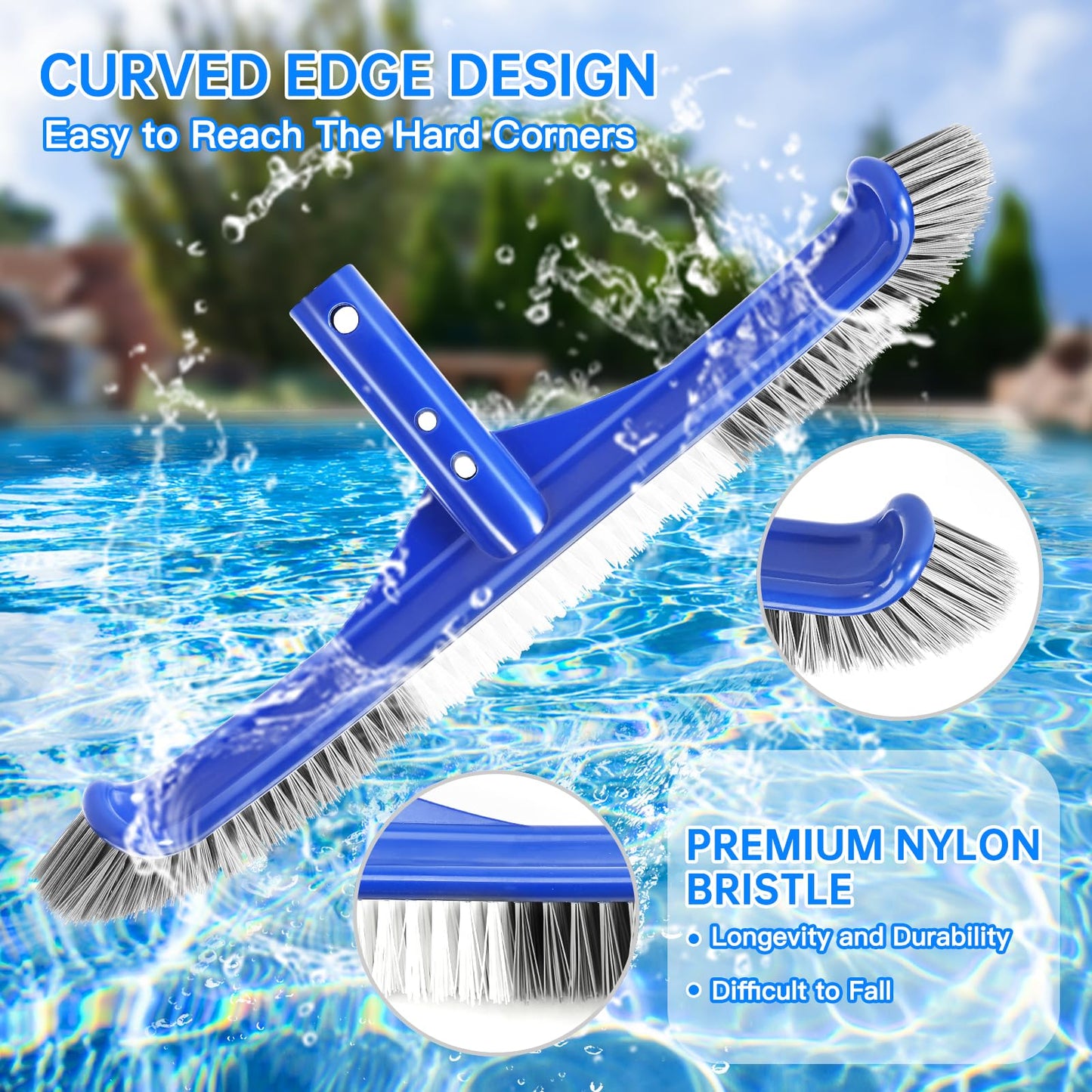 Pool Brush Head, 17.5" Pool Brushes for Cleaning Pool Walls, Curved Ends High-Efficiency Pool Scrub Brush,Premium Nylon Bristles Pool Brush with EZ Clip