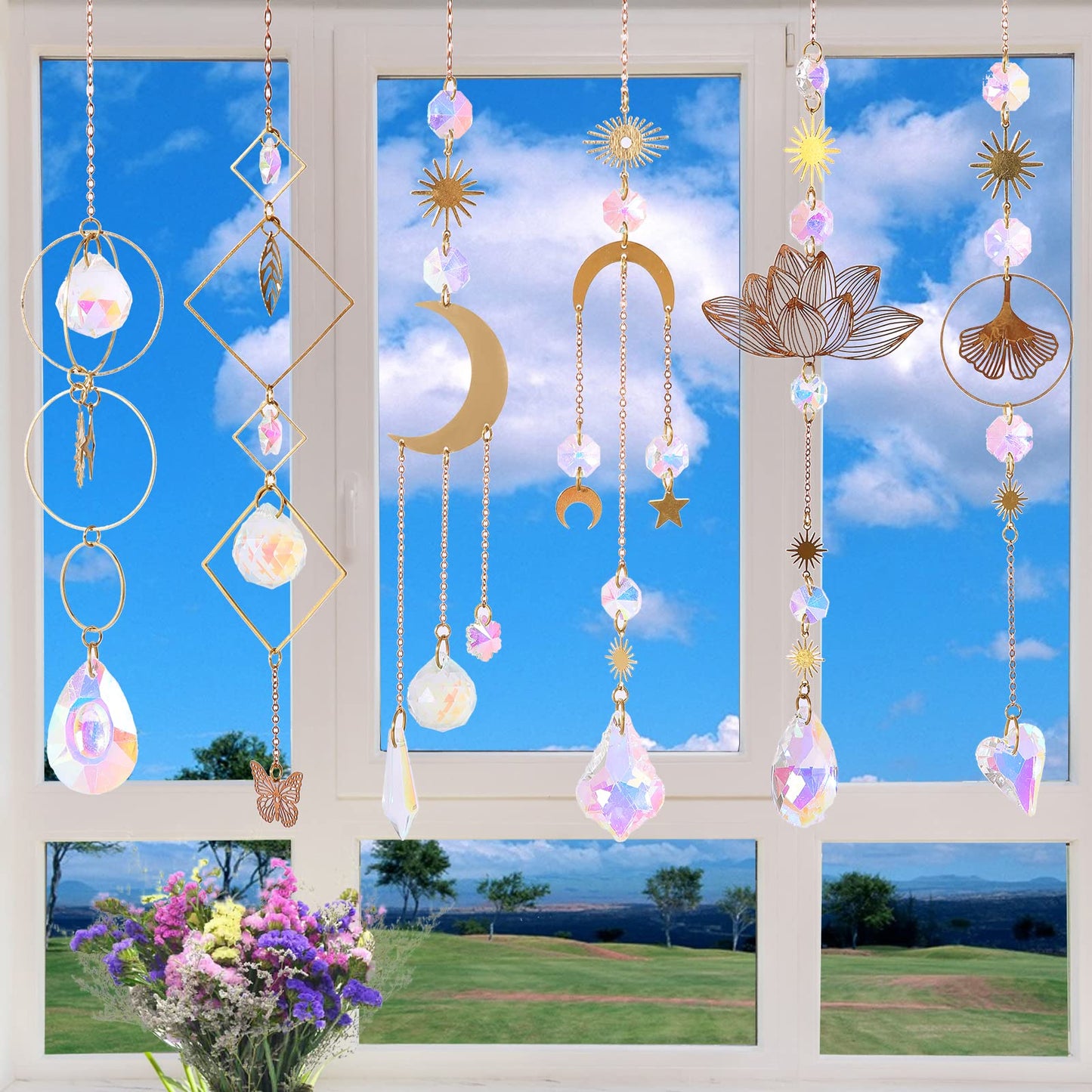 6Pieces Colorful Crystals Suncatcher Hanging for Window Crystal Ball Prism Rainbow Maker Pendants for Garden Christmas Tree Wedding Party Patio Backyard Car Home Indoor Outdoor Decoration