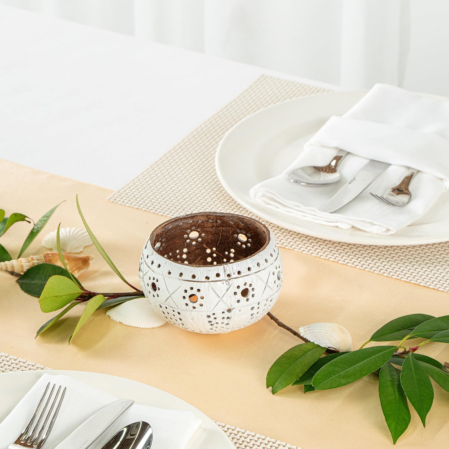 Restaurantware - Coco Casa 4 x 3.3 Inch Coconut Shell Candle Holders, 1 Reusable Tealight Candle Holders - Candle Not Included, Sun And Light Pattern, White Coconut Bowls For Candles, Handcrafted