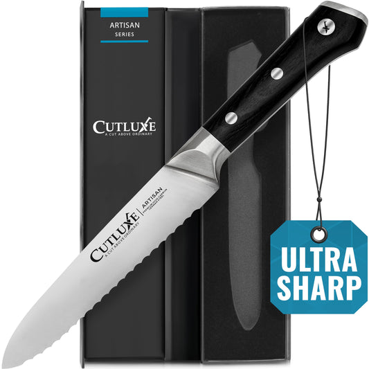 Cutluxe Serrated Kitchen Utility Knife, 5" Tomato Knife – Forged High Carbon German Steel – Full Tang & Razor Sharp – Ergonomic Handle Design – Artisan Series