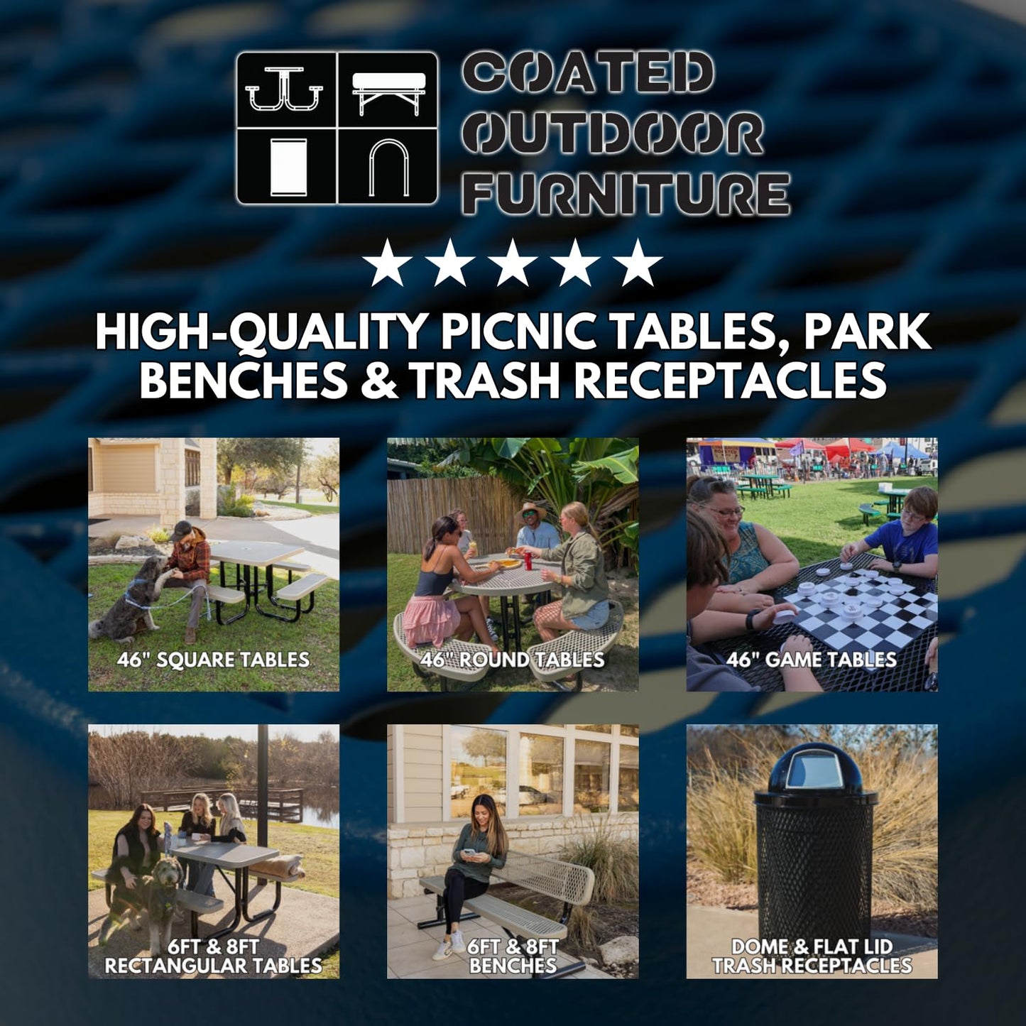 Coated Outdoor Furniture Heavy-Duty Portable Outdoor Picnic Table with Umbrella Hole, Expanded Metal Commercial-Grade Patio Dining Furniture Made in America (46" Square Top, Dark Green)