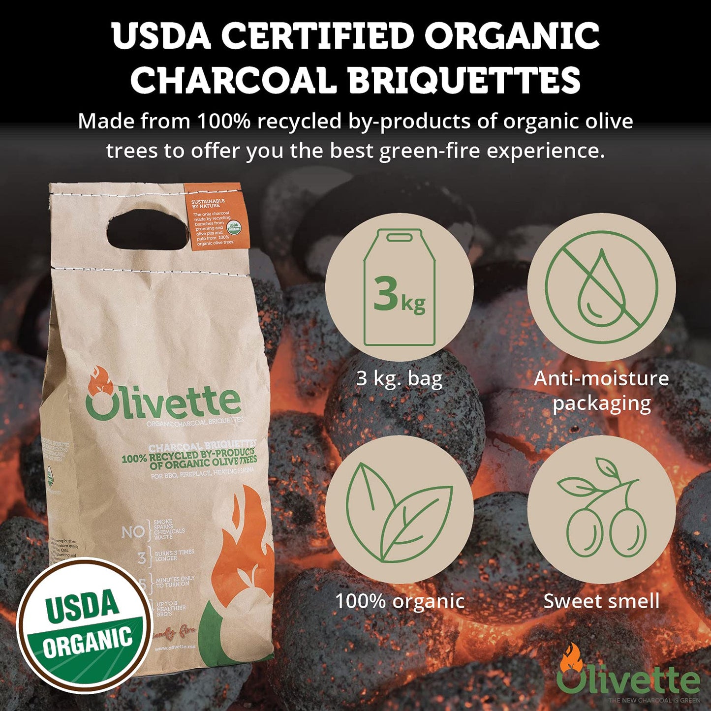 Organic Charcoal Briquettes by Olivette, Reusable Charcoal for Grilling, USDA Certified, Recycled Olive Tree Byproduct, Ready to Light BBQ Charcoal, 6.6 lb. Bag Equal to 20 lb. Regular Charcoal