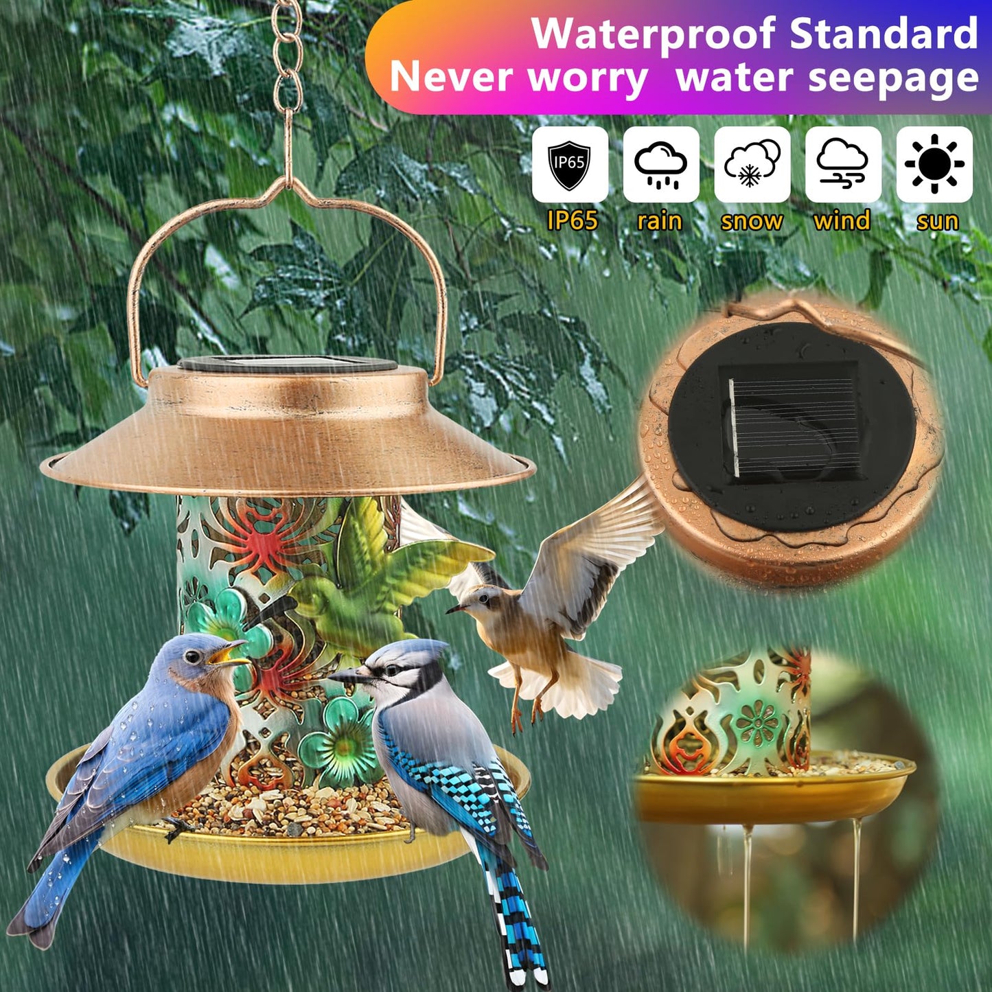 PENXUA Solar Bird Feeder for Outdoors Hanging, Gifts for Mom Grandma Women, Metal Waterproof Outside Wild Bird Feeders,Cardinals Feeders, Gifts for Bird Lovers, Lantern Light, Garden Decoration