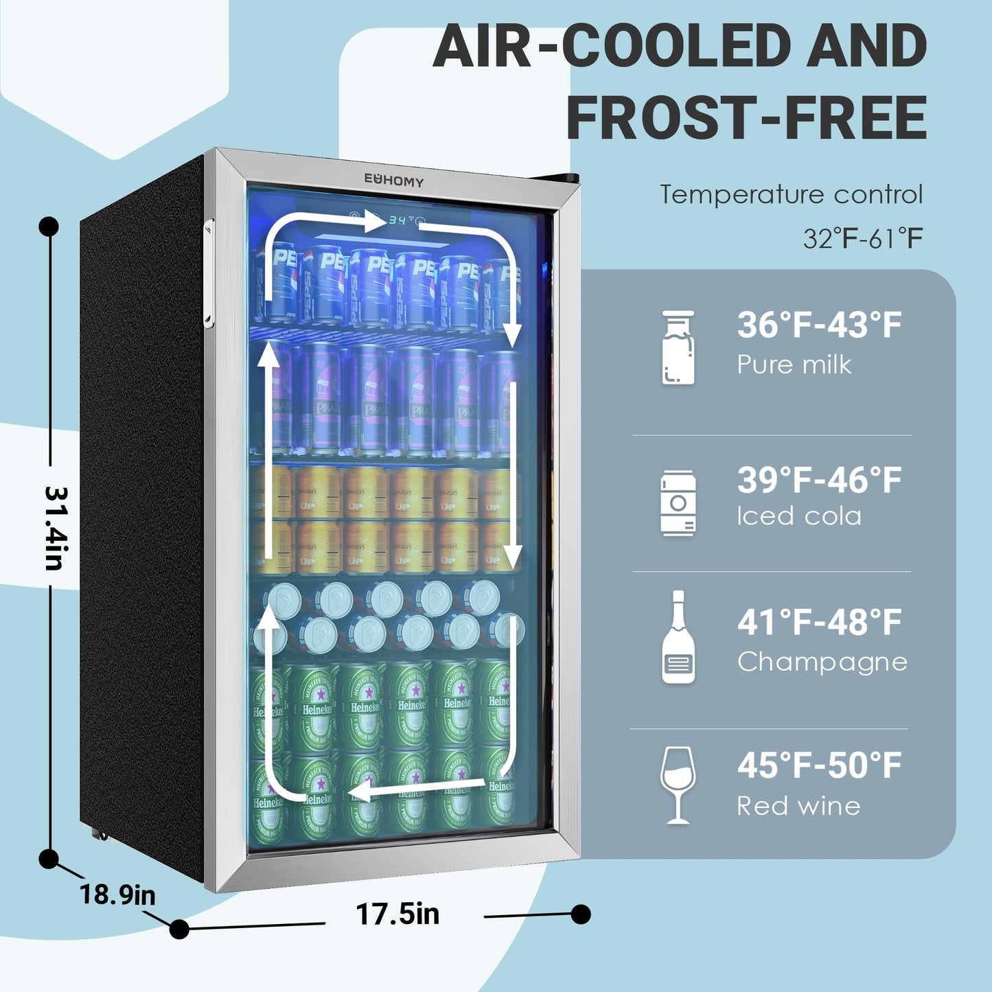 EUHOMY Beverage Refrigerator and Cooler, 126 Can Mini fridge with Glass Door, Small Refrigerator with Adjustable Shelves for Soda Beer or Wine, Perfect for Home/Bar/Office, Silver