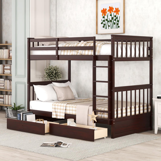 Merax Convertible Wood Bunk Bed with Ladders and Two Storage Drawers,Solid Wood Detachable Bunk Bed Frame with Ladders,Twin Over Twin Size,(Espresso)
