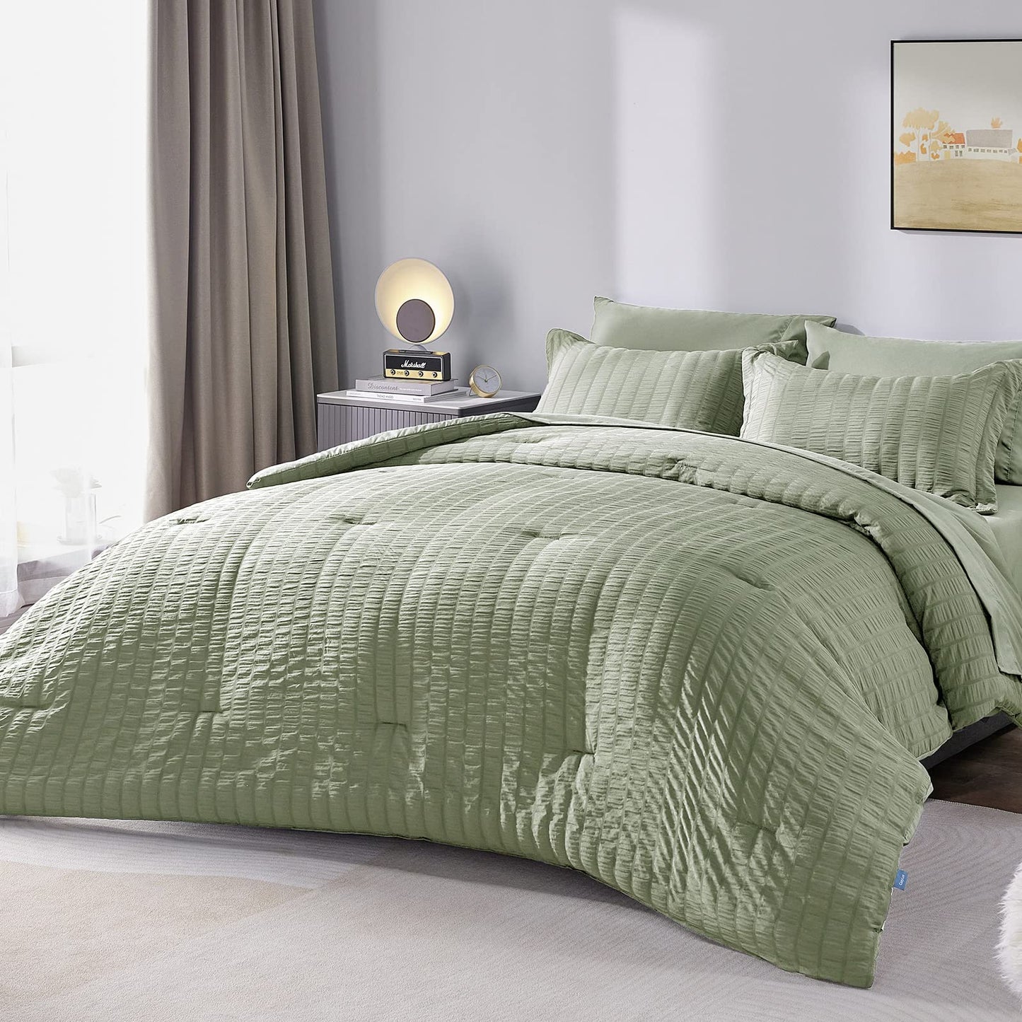 CozyLux Twin Bed in a Bag Sage Green Seersucker Textured Comforter Set with Sheets 5-Pieces for Girls and Boys - Bedding Sets with Comforter, Pillow Sham, Flat Sheet, Fitted Sheet, Pillowcase
