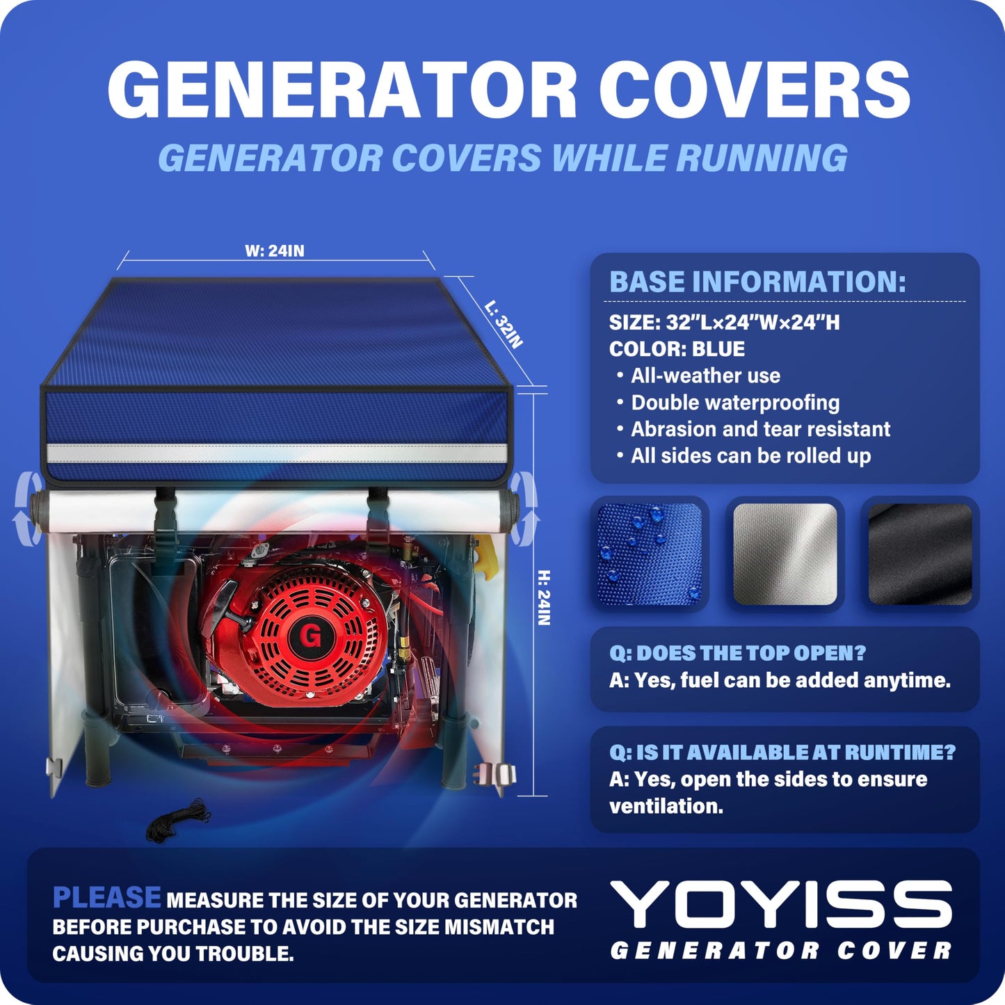 YOYISS Generator Covers While Running. Visualization Design. 600D+400D Waterproof Generator Cover, 32 x 24 x 24 inch, Suitable For Most 4500W-13000W Frame Generators. Blue.