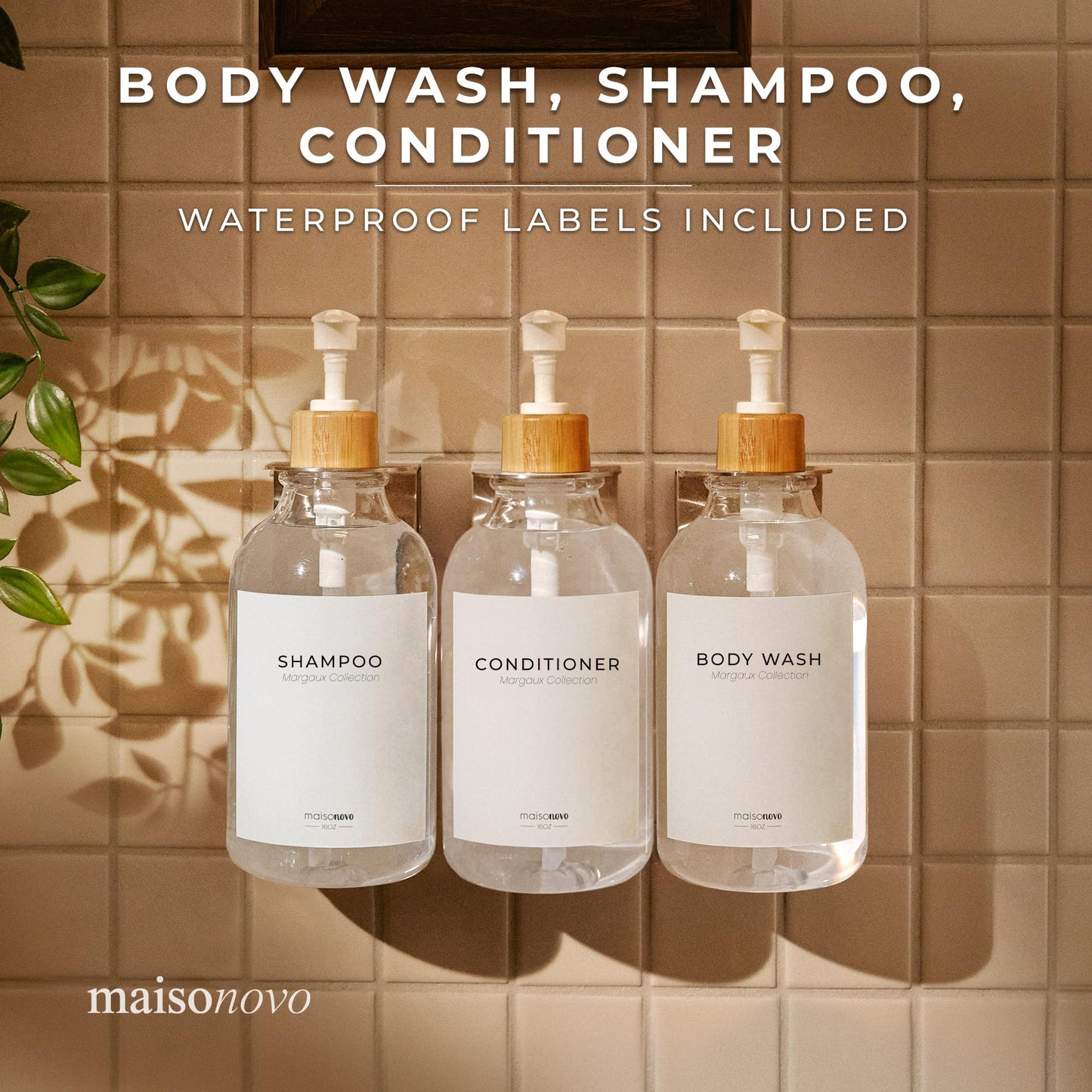 MaisoNovo Shampoo and Conditioner Dispenser - Shower Soap Dispenser Wall Mounted - 16.9 fl oz Set of 3 Clear Plastic Bottles White Bamboo Pump - Shampoo Dispenser, Shower Dispenser 3 Chamber No Drill