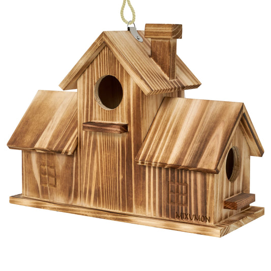 MIXUMON Bird Houses for Outside, Outdoor 3 Hole Bird House Room for 3 Bird Families Bluebird Finch Cardinals Hanging Birdhouse for Garden (Style 1)