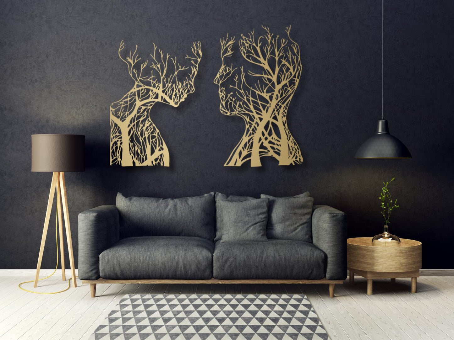 VAILLA Tree of Life Wooden Wall Art Abstract Tree Man Woman Face Large 3D Wall Decor Set of 2 Wall Hanging Sculpture Modern Wall Home Decoration 3D Textured Sculptures for Living Room Bedroom Office Dinnig Room