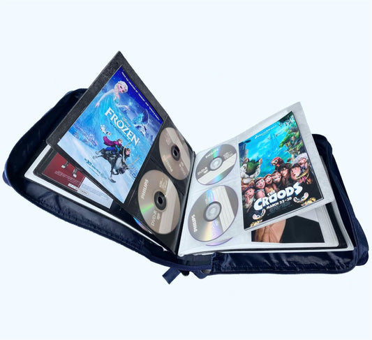 DVD CD Storage Case with Extra Wide Title Cover Pages for Blu Ray Movie Music Audio Disk (Portable Carrying Binder Holder Wallet Album Home Organizer Shelf )- 128 Disc Units & 64 Booklet Pockets