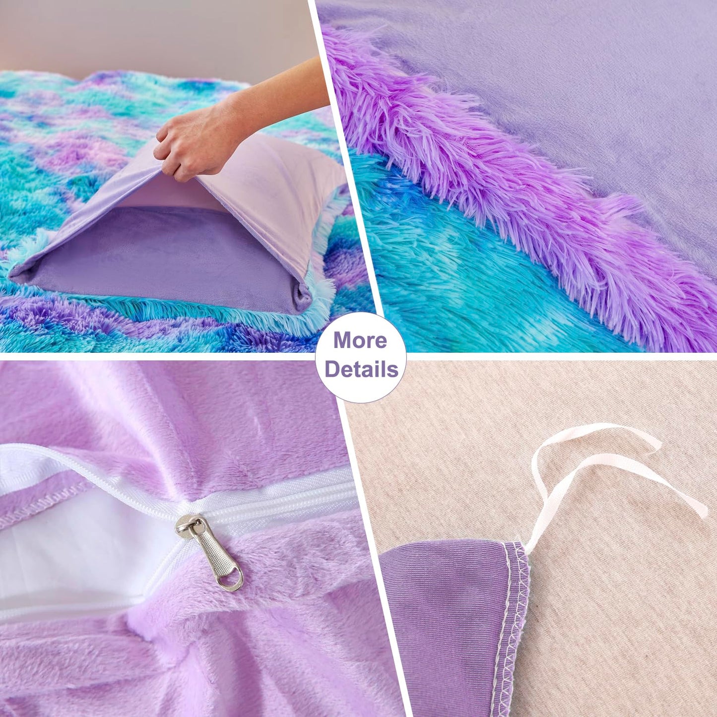 SUCSES Blue Purple Fluffy Twin Bedding Sets for Girls 3Pcs Faux Fur Plush Shaggy Kids Duvet Cover Set Twin Size Tie Dye Velvet Furry Comforter Cover Set (Blue Purple, Twin)