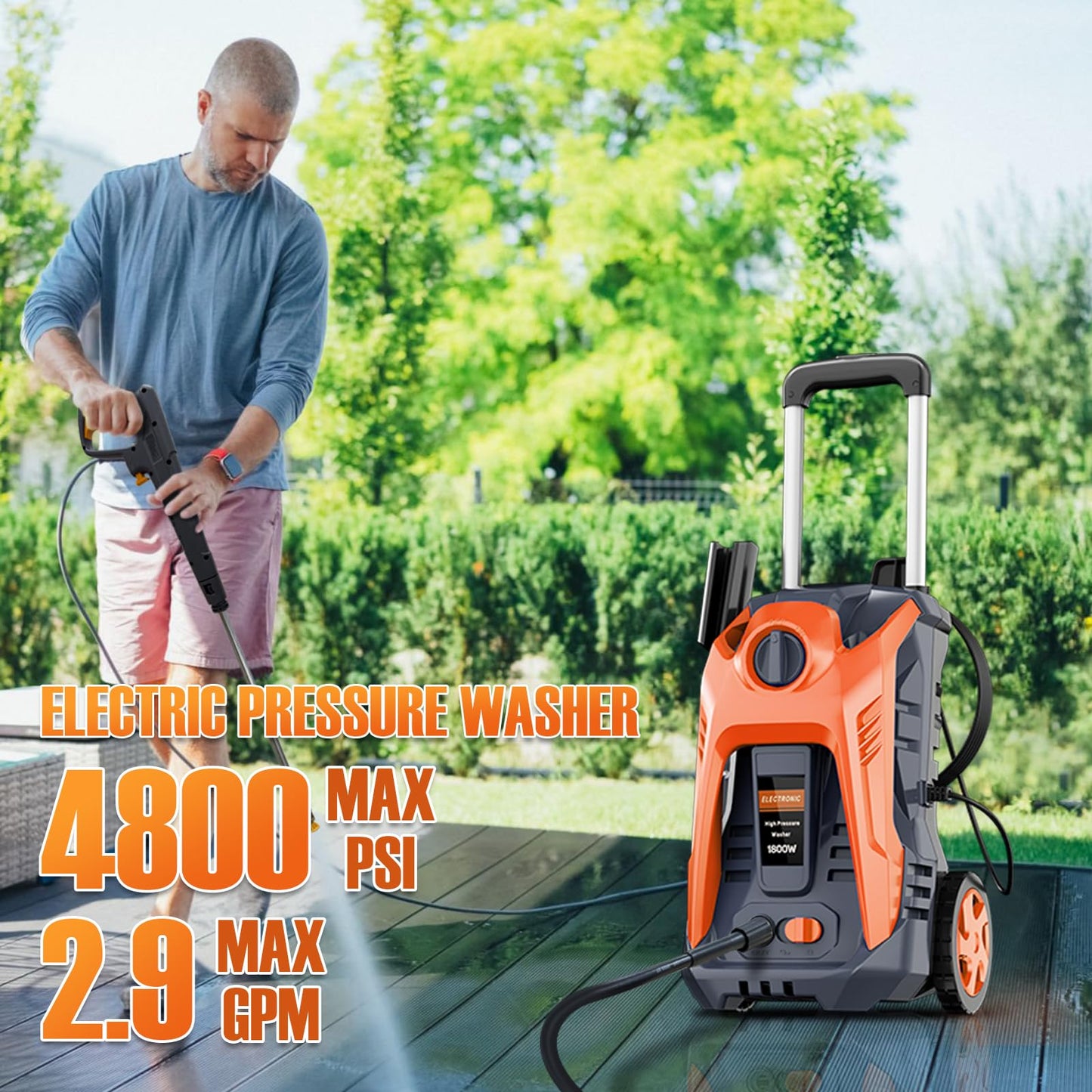 Electric Pressure Washer 4800 PSI Max 2.9 GPM Power Washer with 25 FT Hose, 4 Quick Connect Nozzle and 16.9 Oz Soap Tank Orange