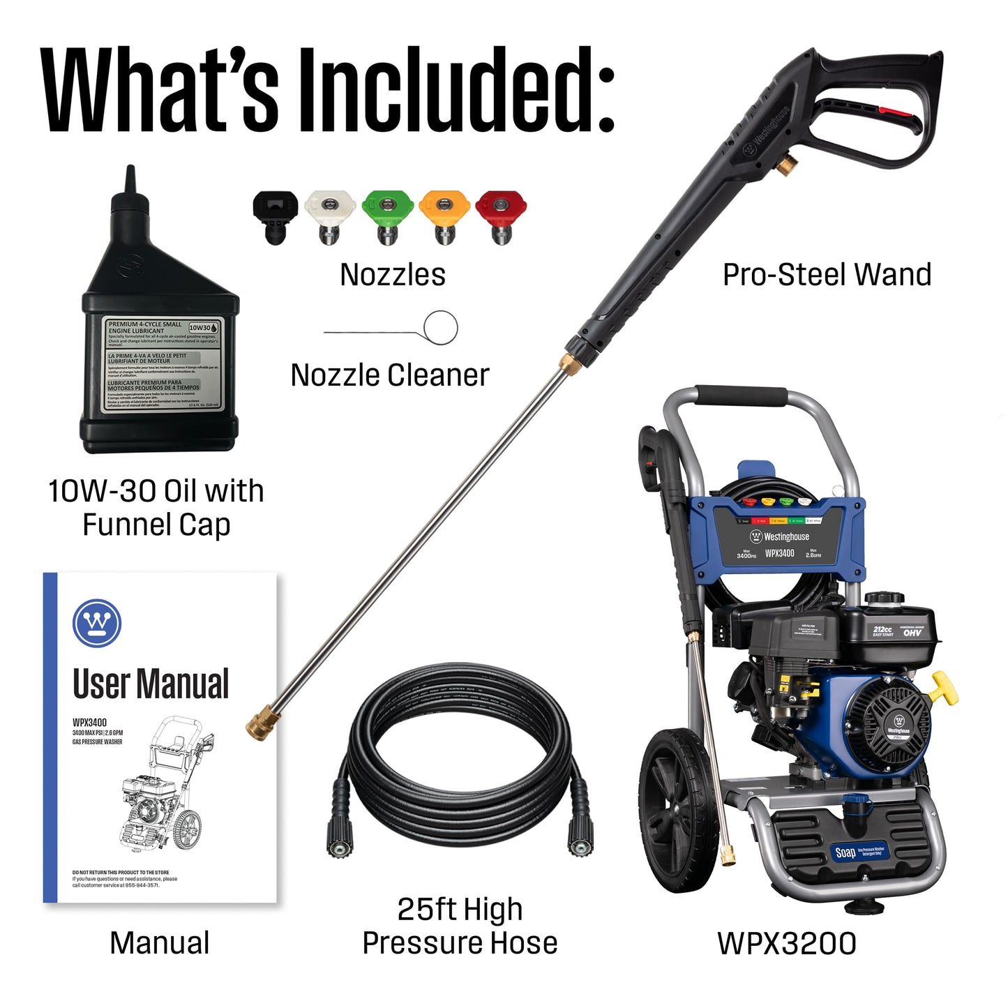 Westinghouse WPX3400 Gas Pressure Washer, 3400 PSI and 2.6 Max GPM, Onboard Soap Tank, Spray Gun and Wand, 5 Nozzle Set, for Cars/Fences/Driveways/Homes/Patios/Furniture