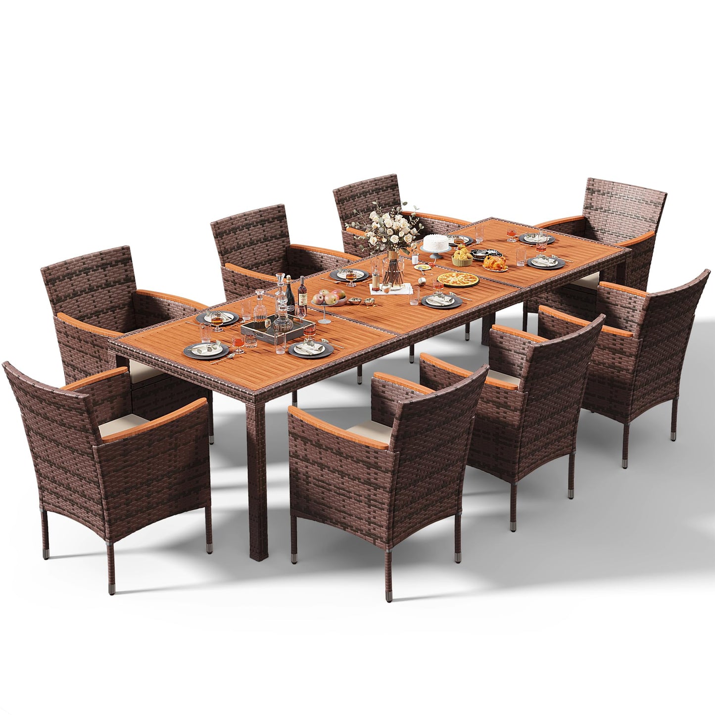 Devoko Outdoor Patio Dining Sets 9 Pieces Wicker Outdoor Dining Table and Chairs Set with Acacia Wood Table Top and Widened Armrests for Backyard, Garden, Deck (Brown)