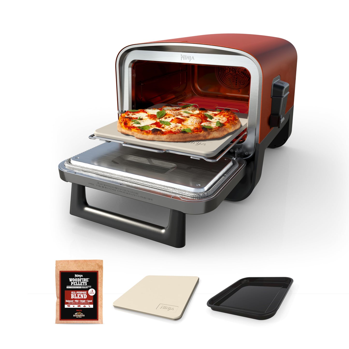 Ninja Woodfire Outdoor Pizza Oven, 8-in-1 Portable Electric Roaster Oven, Heats up to 700°F, 5 Artisan Pizza Settings, Integrated BBQ Smoker Box, Includes Flavored Wood Pellets, Terracotta Red