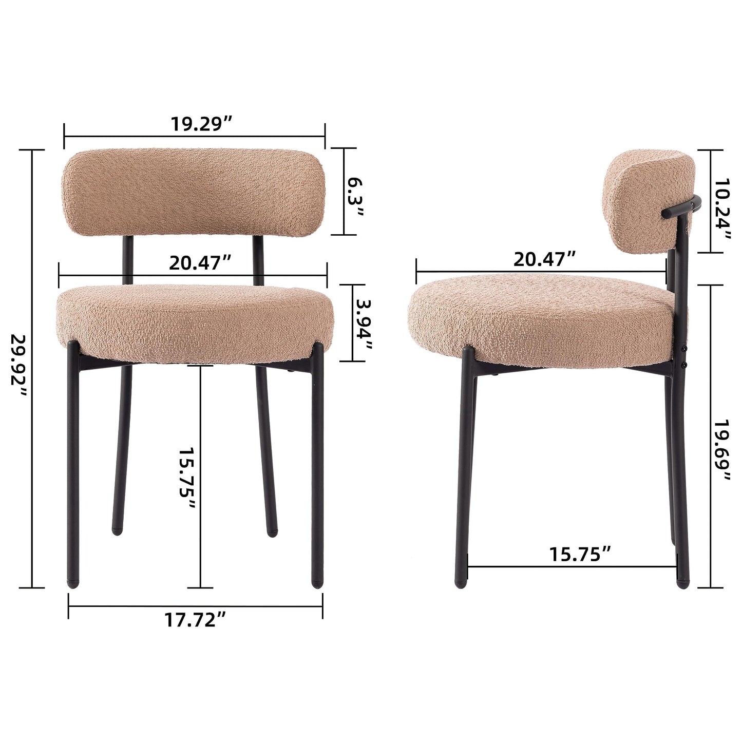 AISALL Light Brown Dining Chairs Set of 2 Round Upholstered Boucle Dining Room Chairs Mid-Century Modern Kitchen Chairs Curved Backrest Chairs for Dining Room Black Metal Legs