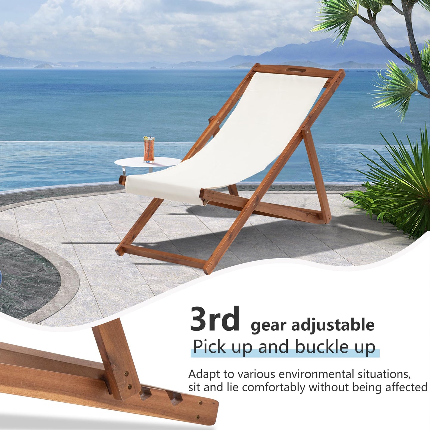 2 Set Sling Chairs Folding Sling Chair Set 3 Levels Waterproof Beach Sling Chair Outdoor Wood Patio Sling Chairs Whole Solid Eucalyptus Wood Frame for Beach Pool Side Balcony and Yard (Khaki)