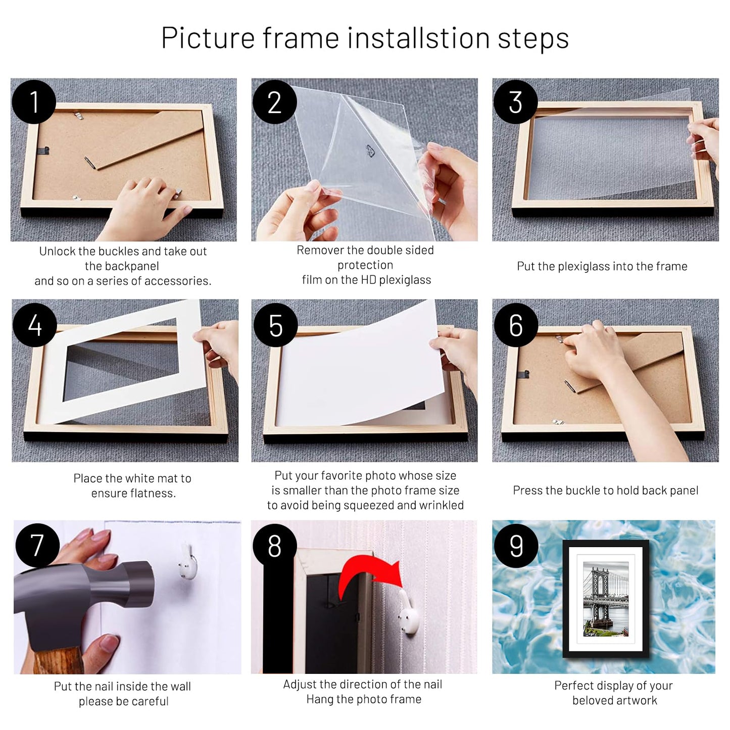 UHFWIFR 9x12 Picture Frames Solid Wood Display Pictures 6x8 or 5x7 with Mat or 9x12 Frame without Mat Poster Photo Frame Art with 2 Mats for Wall Mounting or Table Top(Black)