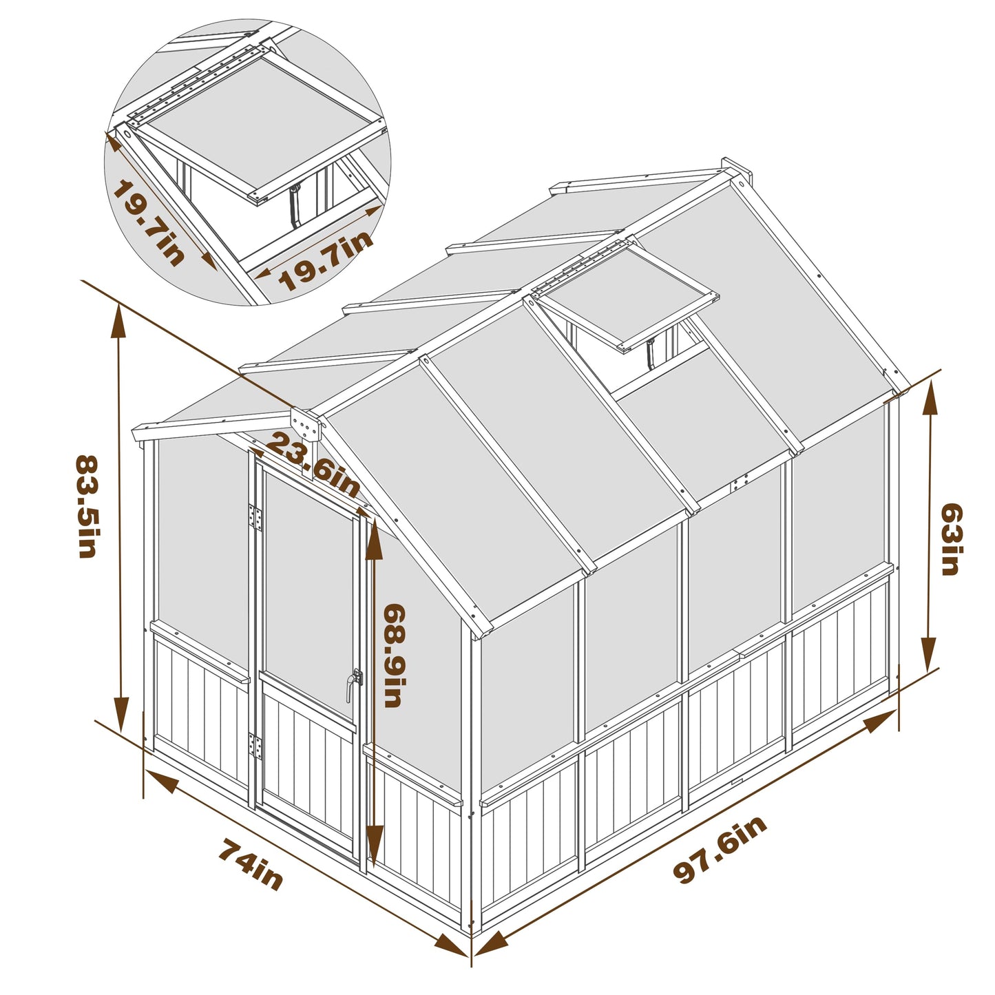 Yardenaler 6x8 FT Greenhouse Kit for Outdoor, Polycarbonate Wooden Walk-in Green House with Lockable Door and Adjustable Roof Vent, Backyard Garden, Light Mocha Brown