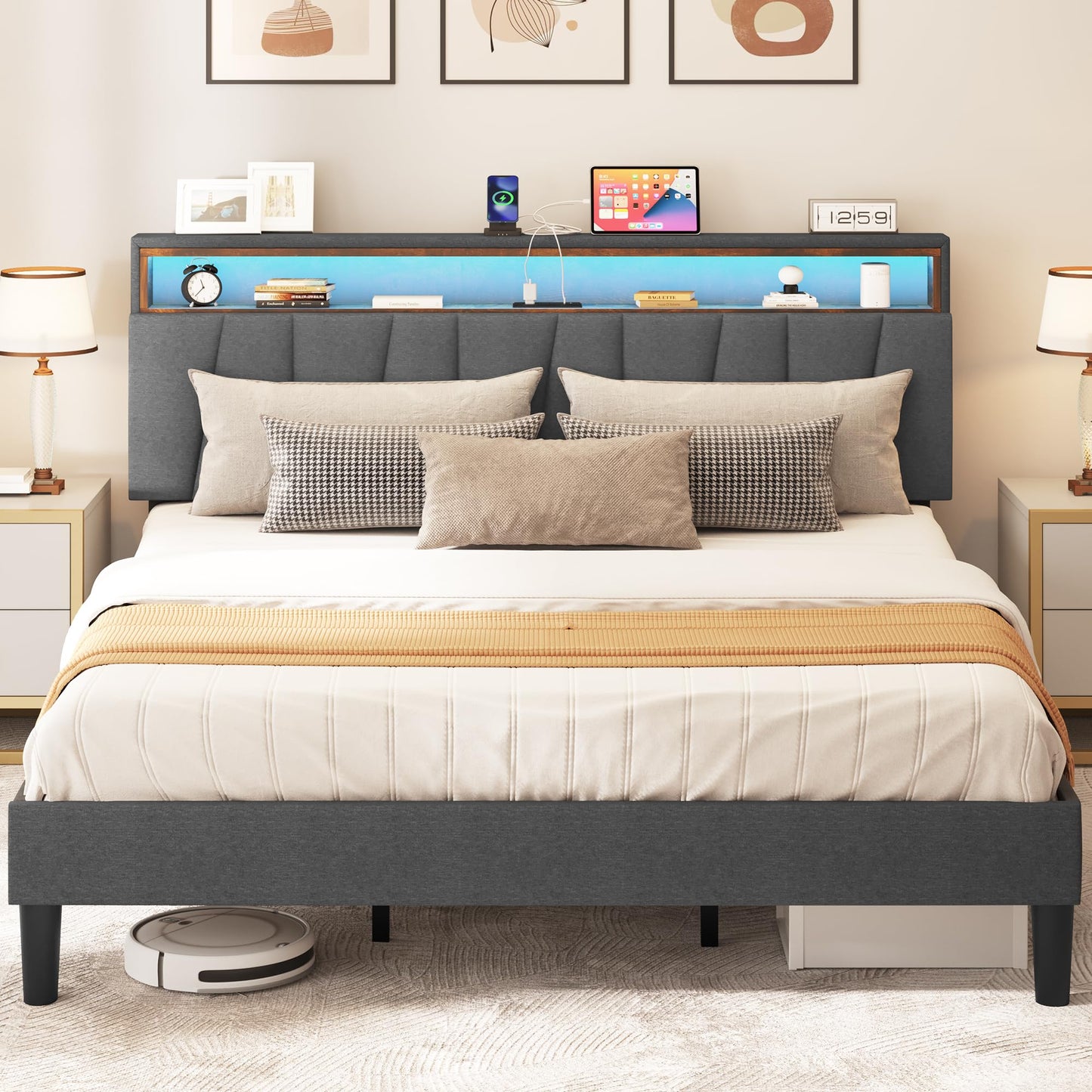 YITAHOME King Size Bed Frame, LED Bed Frame with Storage Bookcase Headboard, Upholstered Platform Bed with Charging Station, No Box Spring Needed, Easy Assembly, Grey