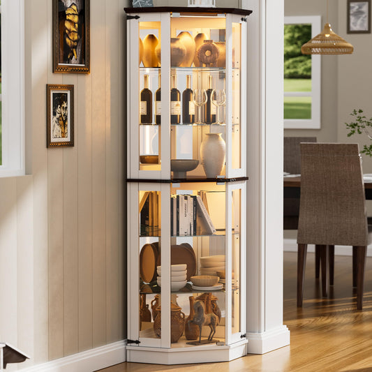 PAKASEPT 71'' Farmhouse Display Curio Cabinet with LED Lights,Tempered Glass Doors,6 Shelves,Floor Standing Display Cage Corner Wine Cabinet Storage Rack for Bar and Liquor Storage,White