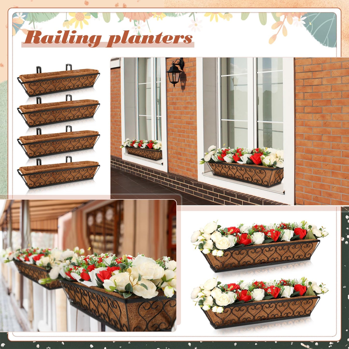 Wenqik 12 Set Window Deck Railing Planter Boxes with Coconut Liner 24" Balcony Railing Planter Metal Flower Box Hanging Decoration for Outdoor Fence Patio