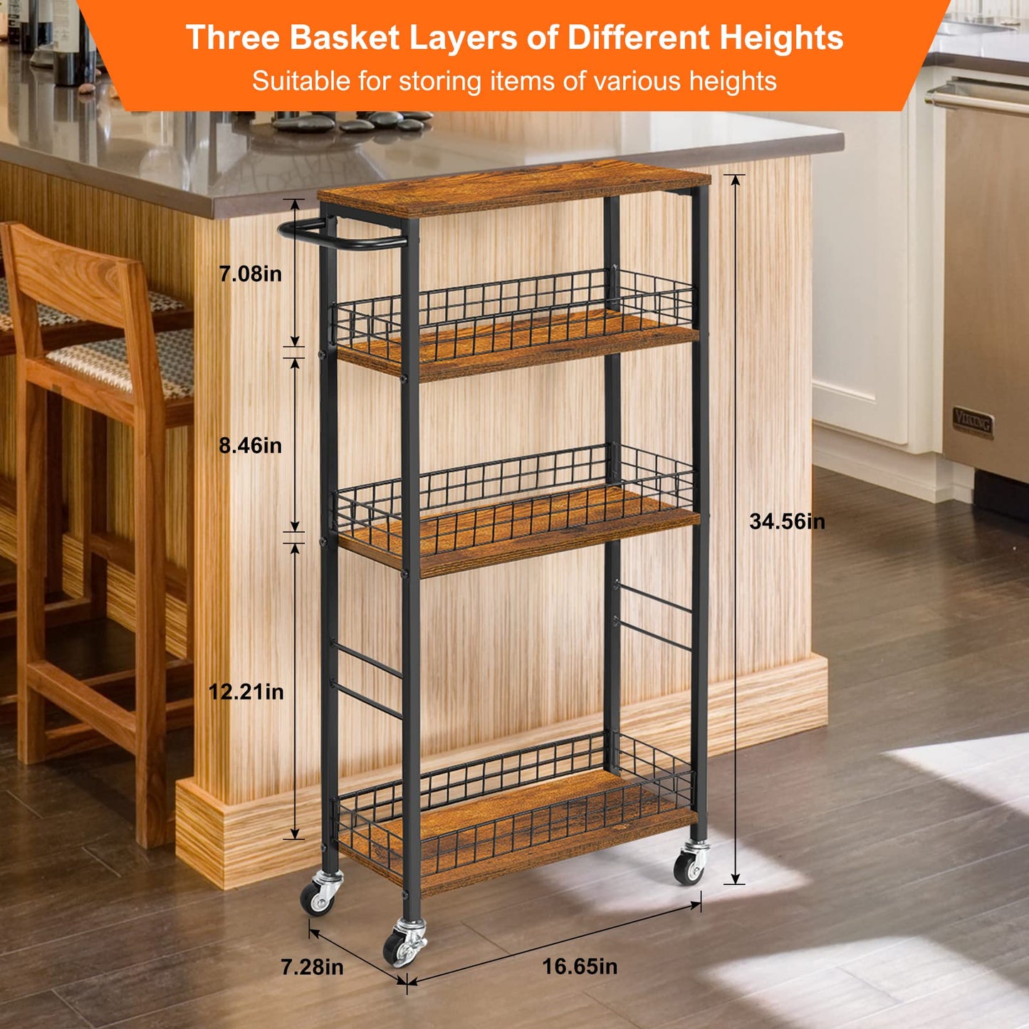 YBING Slim Storage Cart 4 Tier Kitchen Rolling Cart on Wheels Mobile Narrow Cart with Wooden Tabletop Slide Out Utility Cart for Bathroom Laundry Narrow Places Rustic Brown 16.5''L X 7.3''W X 34.6''H