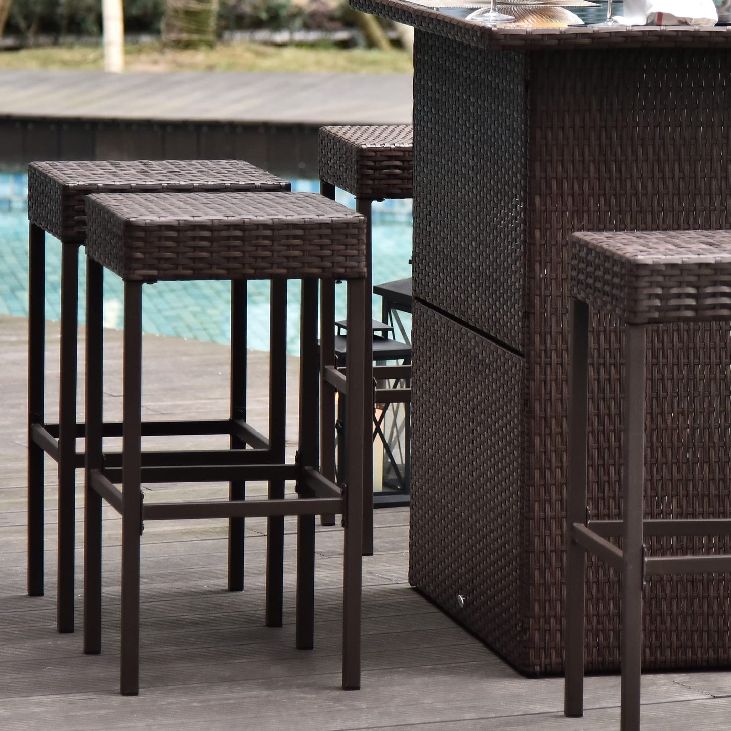 Outsunny 5 Pcs Rattan Wicker Bar Set with Glass Top Table and 2 Tier Storage Shelf, 1 Table and 4 Bar Stools for Outdoor, Patio, Garden, Poolside