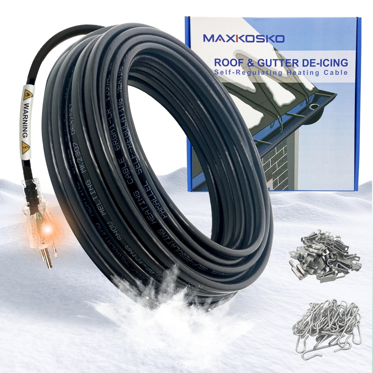 MAXKOSKO Roof Gutter Heat Cable for Snow Melting, Electric Self Regulating Roof De-Icing Heat Tape with 10 ft Power Cold Lighted Plug, 6 W/Ft, 120 V, 50 FT