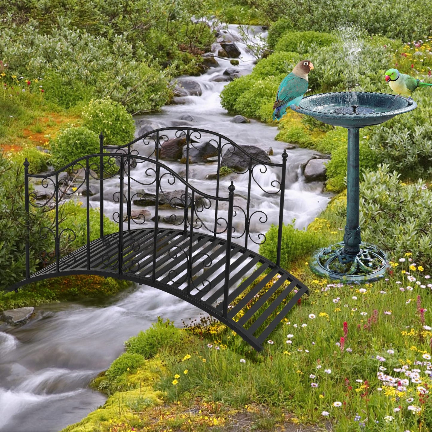 VINGLI Garden Bridge Metal Yard Arch Path Bridge with Patterned Guardrails, Ourdoor Decorative Black Iron Foot Bridge for Pond and Backyard Landscaping-4FT